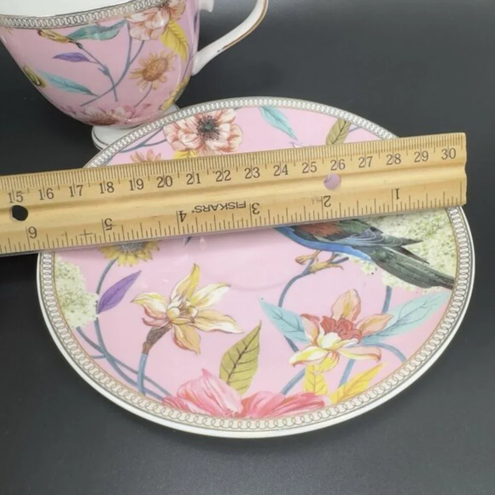 Shabby Chic‎ Fine Porcelain Teacup And Saucer Set Tea Cup Plate Pink Floral Bird